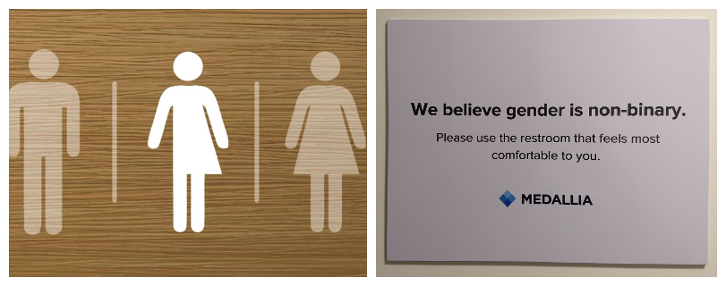 Otro tipo de lenguaje inclusivo: cartelitos en los baños; izquierda: tipo de cartel que se está popularizando; derecha: foto que saqué yo mismo en Medallia